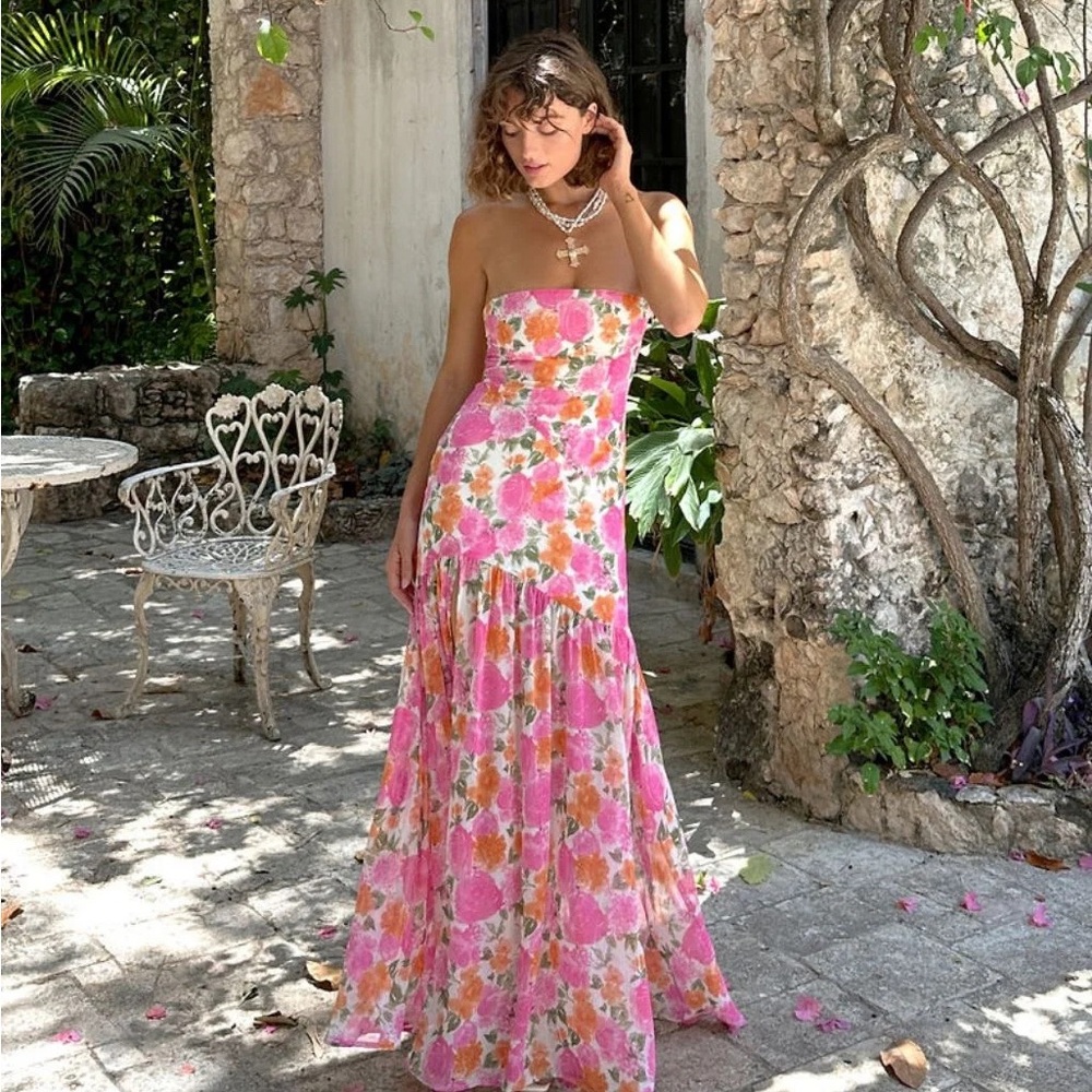 LaBelle Strapless Drop Waist Pink Floral Maxi Dress